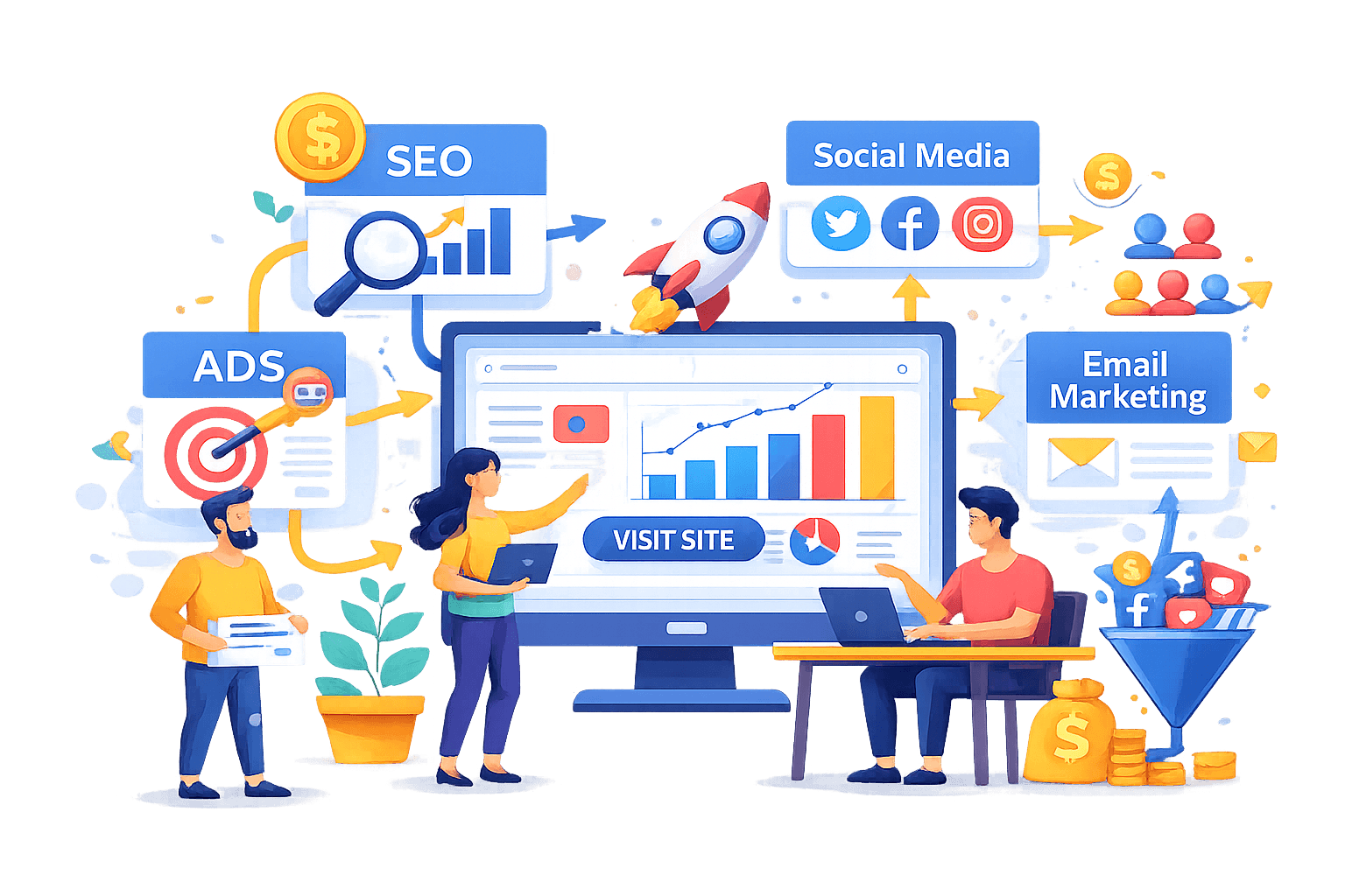 Men and Women Analyze digital marketing data